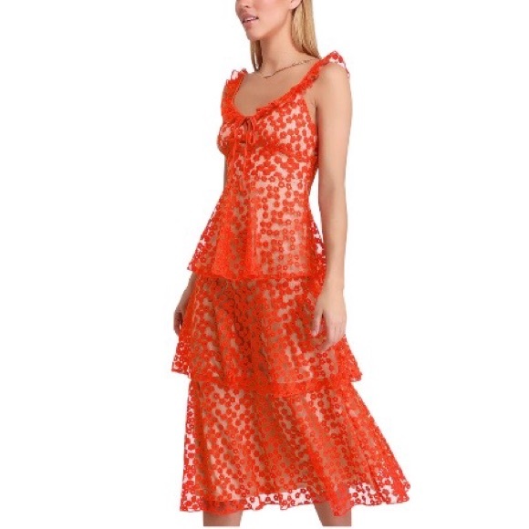 Lulus Someday Swoon Coral Red Embroidered Midi Dress Size L - Picture 2 of 5